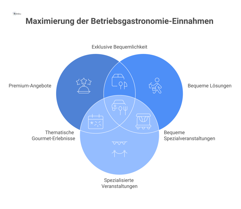 Infografik, die sechs Kategorien für Zusatzeinnahmen in der Betriebsgastronomie um den zentralen Begriff 'Mehrwert' darstellt, inklusive Icons. 