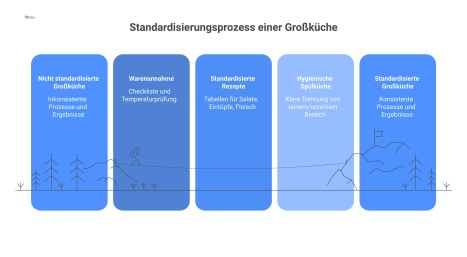 Infografik als Dashboard, die den standardisierten Prozessfluss in einer Großküche von der Warenannahme bis zur Spülküche visualisiert. 