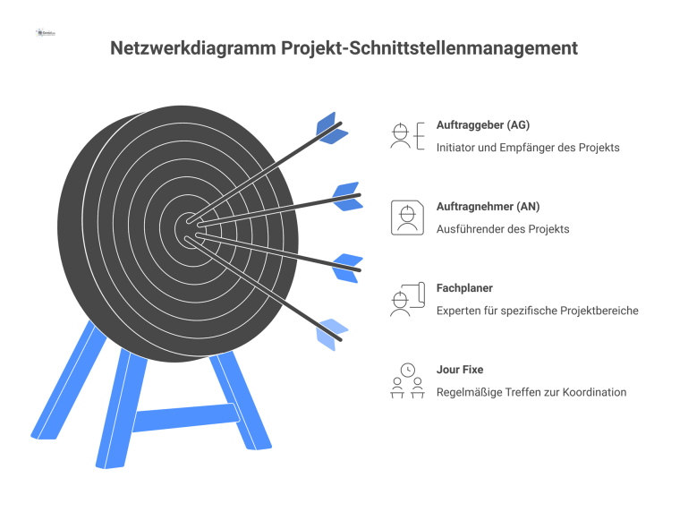 Netzwerkdiagramm der Kommunikationsflüsse im Projekt-Schnittstellenmanagement zwischen Auftraggeber, Auftragnehmer und Fachplanern, die sich im Jour Fixe koordinieren.