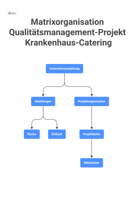 Organigramm einer Matrixorganisation für ein QM-Projekt im Krankenhaus-Catering, das die Linienorganisation und die Projektorganisation unter der Unternehmensleitung zeigt.