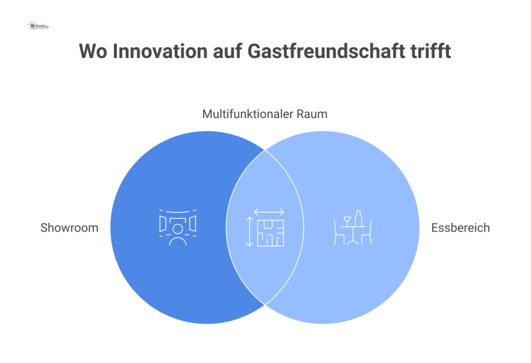 Multifunktionaler Showroom und Essbereich Ein moderner, multifunktionaler Raum, der Showroom und Essbereich vereint, mit Zonen für Gastronomie, Präsentation und Demonstration in einer warmen Atmosphäre.