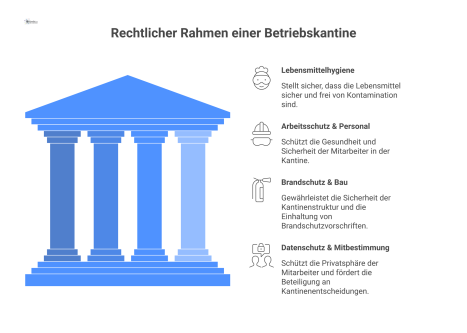 Mindmap zum rechtlichen Rahmen einer Betriebskantine mit den Hauptästen Lebensmittelhygiene, Arbeitsschutz, Brandschutz und Datenschutz mit den wichtigsten Stichworten. 