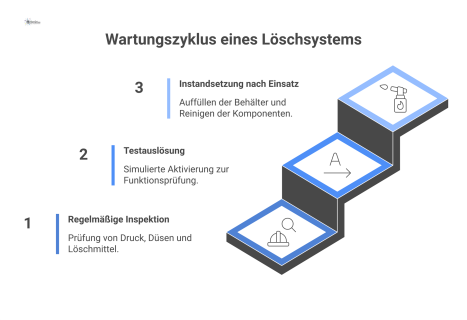  Infografik des Wartungszyklus für Löschsysteme mit den drei Kernbereichen: Regelmäßige Inspektion, Testauslösung und Instandsetzung nach einem Einsatz.