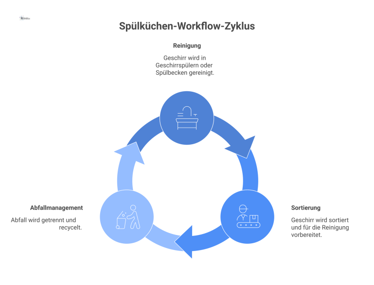 Infografik Workflow einer Spülküche Infografik-Flussdiagramm, das den dreistufigen Workflow einer Spülküche mit den Phasen Reinigung, Sortierung und Abfallmanagement durch Pfeile und Icons darstellt.