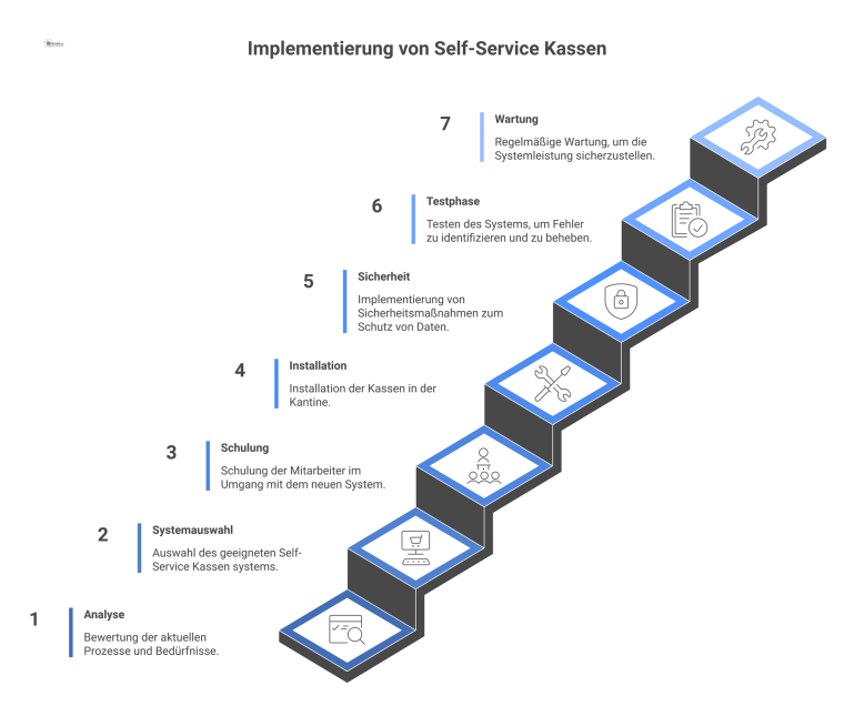 Infografik: Implementierung von Self-Service Kassen Ein Infografik-Flussdiagramm, das die Schritte zur Implementierung von Self-Service Kassen in einer Betriebsgastronomie zur Effizienzsteigerung zeigt.
