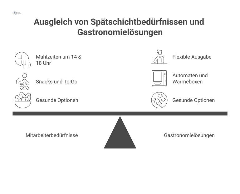 Verpflegung der Spätschicht: Bedürfnisse vs. Lösungen Infografik zur Spätschichtverpflegung, die Mitarbeiterbedürfnisse wie Mahlzeiten und Snacks den gastronomischen Lösungen wie Automaten und Wärmeboxen gegenüberstellt.