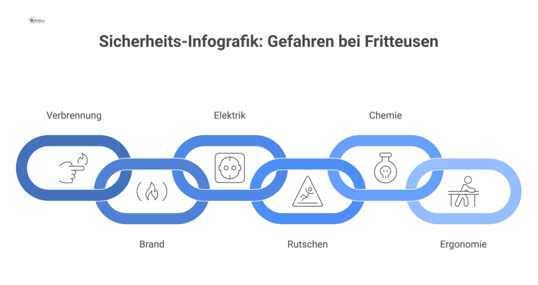 Infografik zu sechs Gefahrenkategorien bei Fritteusen wie Verbrennung und Brand mit visuell dargestellten Lösungen durch Piktogramme. 