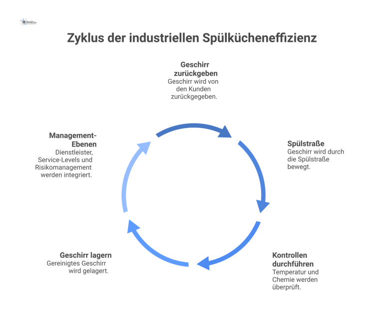  Prozessdiagramm zeigt den Geschirr-Kreislauf einer industriellen Spülküche, inklusive der darüberliegenden Management-Ebenen für Dienstleister, Service-Levels und Risikomanagement.