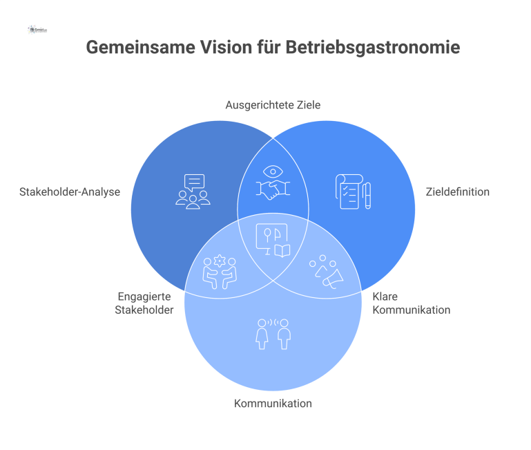 Diagramm eines Strategieplans für Betriebsgastronomie in vier Phasen, das die Stakeholder-Analyse, Zieldefinition, Kommunikation und Planung miteinander verbindet.