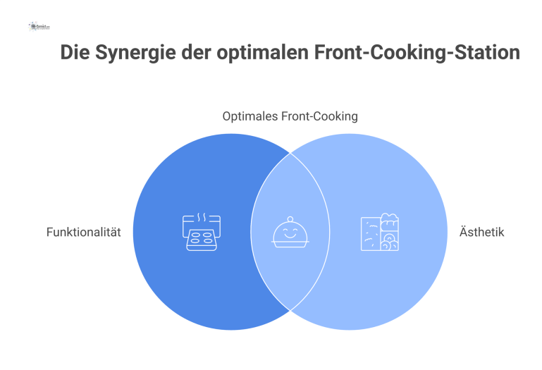  Infografik zeigt die Schlüsselelemente einer Front-Cooking-Station: zentrale Lage, modernes Design, ergonomischer Arbeitsbereich und ansprechende Präsentation der Zutaten. 