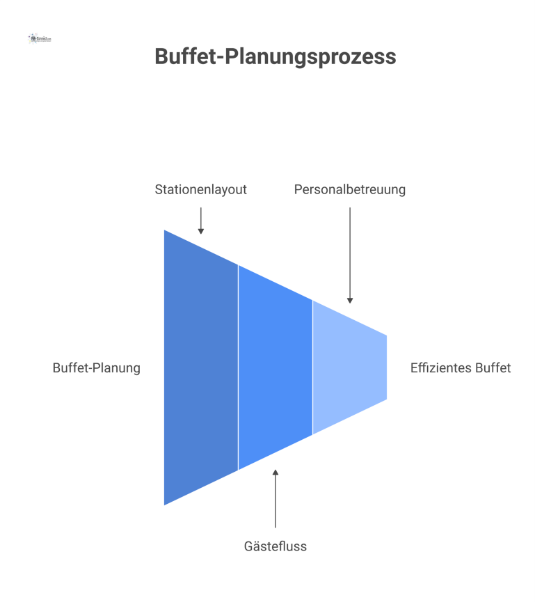 Diagramm eines Buffet-Layouts mit thematisch getrennten Stationen, das den Gästefluss und den Personaleinsatz für effizientes Nachfüllen visualisiert. 