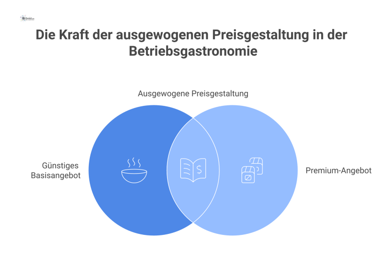 Infografik einer Preisstrategie mit Basis- und Premium-Angeboten, deren Querfinanzierung durch einen Pfeil und verbindende Elemente dargestellt wird.