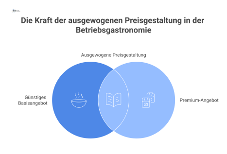 Infografik einer Preisstrategie mit Basis- und Premium-Angeboten, deren Querfinanzierung durch einen Pfeil und verbindende Elemente dargestellt wird.