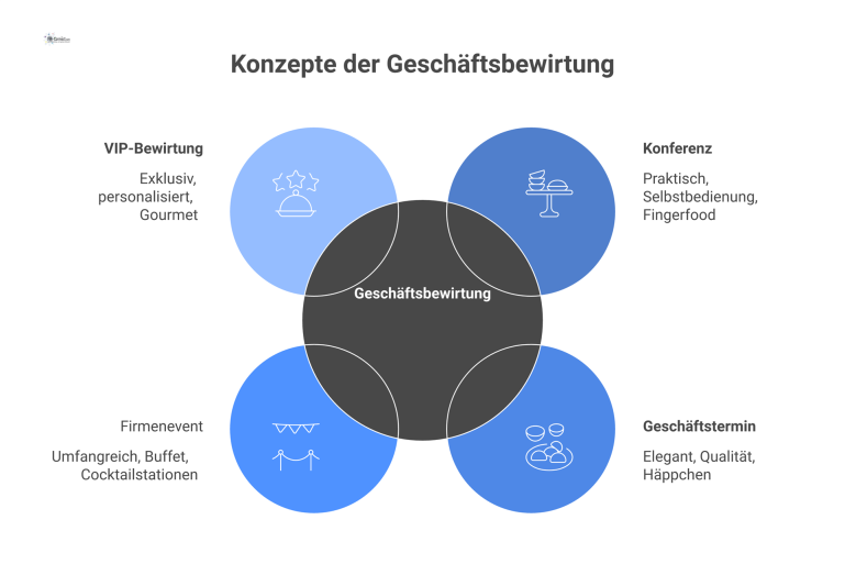 Ein Diagramm, das vier Konzepte der Geschäftsbewirtung vergleicht: Konferenz, Geschäftstermin, Firmenevent und VIP-Bewirtung mit ihren Schlüsselmerkmalen.