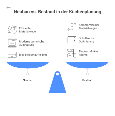 Vergleichsdiagramm der Küchenplanung für Neubau und Bestand, das Unterschiede in Materialfluss, Ausstattung und Raumaufteilung einer Betriebskantine visualisiert. 