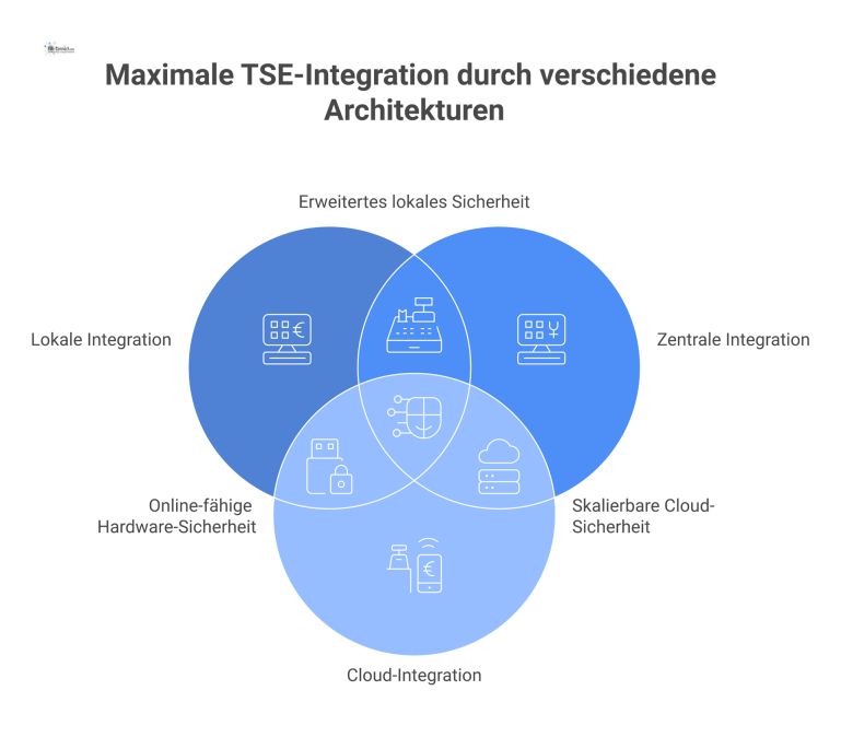 Integrationsoptionen einer Technischen Sicherheitseinrichtung (TSE) Infografik, die drei Integrationsoptionen für eine TSE vergleicht: lokal, zentral und in der Cloud, inklusive relevanter Symbole.