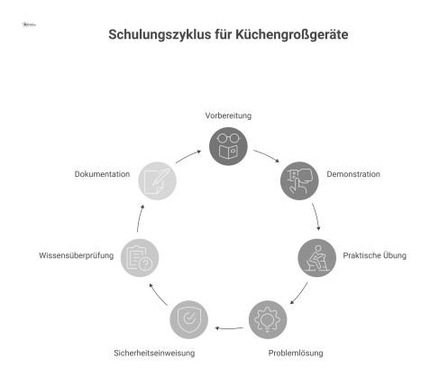 Infografik, die den 7-stufigen Schulungsprozess für Küchengroßgeräte von der Vorbereitung bis zur Dokumentation mit Icons visualisiert. 