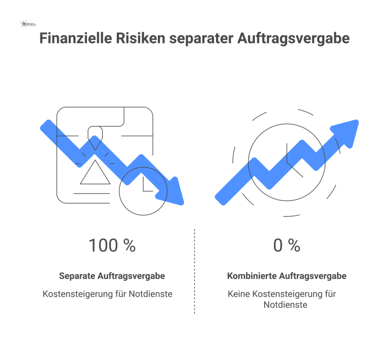 Finanzielle Risiken separater Auftragsvergabe Infografik, die finanzielle Risiken separater Auftragsvergabe mit Kostensteigerungen für Wartung, Ersatzteile und Notdienste sowie Icons für weitere Risiken visualisiert.