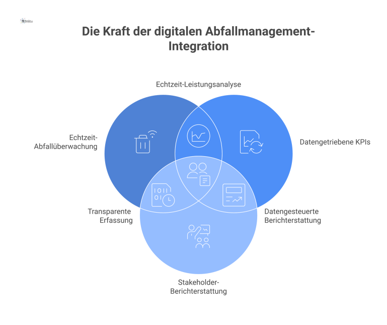 Infografik-Dashboard zum digitalen Abfallmanagement, das KPIs wie Recyclingquote, Lebensmittelverschwendung und Abfall pro Gast in klaren Graphen visualisiert.