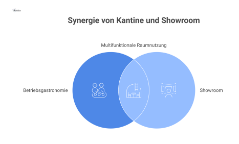 Infografik, die einen Raum als Kantine und Showroom zeigt, mit Zonen, flexiblen Möbeln und Icons für Vorteile.