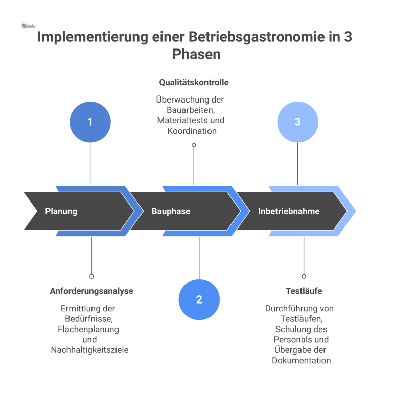 Flussdiagramm der Implementierung einer Betriebsgastronomie in den drei Phasen Planung, Bauphase und Inbetriebnahme mit den jeweiligen Unterschritten.