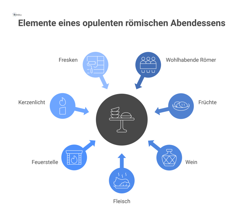 Opulentes römisches Abendessen Opulentes römisches Abendessen in einer luxuriösen Villa mit wohlhabenden Gästen, Früchten, Wein und Fleisch auf feinem Bronzegeschirr.