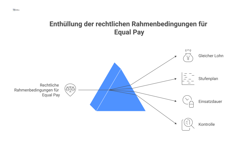 Infografik über die rechtlichen Rahmenbedingungen für Equal Pay in der Zeitarbeit, mit den vier Bereichen: Gleicher Lohn, Stufenplan, Einsatzdauer und Kontrolle.