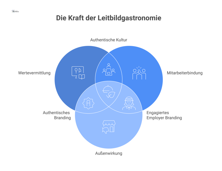 Moderne Infografik zu Leitbildgastronomie, die drei Kernvorteile zeigt: Wertevermittlung, Mitarbeiterbindung und Außenwirkung mit ihren jeweiligen Unterpunkten.