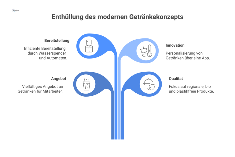  Infografik eines modernen Getränkekonzepts für Unternehmen mit den Kategorien Angebot, Qualität, Bereitstellung und Innovation, visualisiert durch verbundene Icons. 