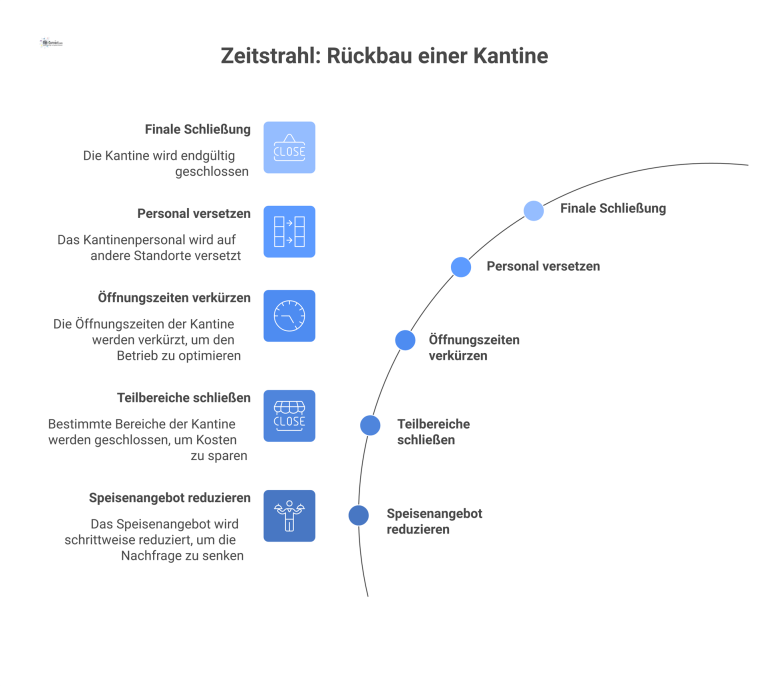 Zeitstrahl-Diagramm, das den schrittweisen Rückbau einer Kantine in vier Phasen bis zur Schließung bei sinkenden Mitarbeiterzahlen visualisiert.