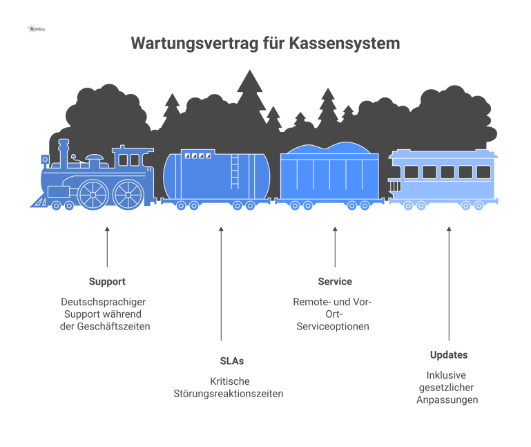 Mindmap: Wartungsvertrag für Kassensystem Mindmap eines Wartungsvertrags für ein Kassensystem mit den Muss-Kriterien Support, SLAs, Service und Updates als Hauptbereiche.