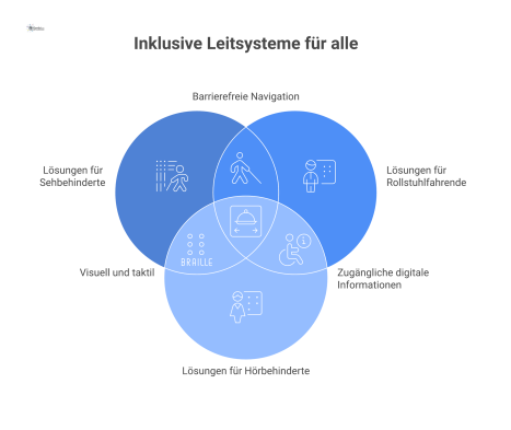 Infografik eines barrierefreien Leitsystems für eine Betriebsgastronomie mit taktilen Bodenlinien, Brailleschrift, niedrigen Schildern und digitalen Anzeigen.