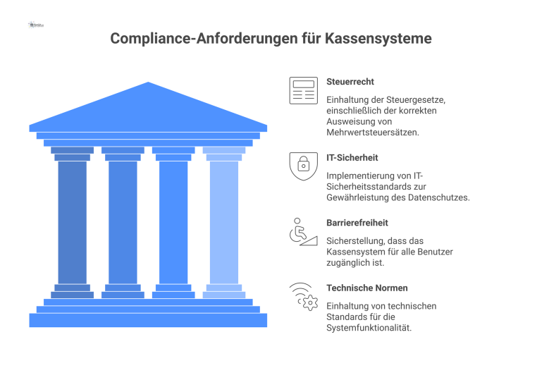 Compliance-Anforderungen für ein Kassensystem Hierarchisches Diagramm der Compliance-Anforderungen für Kassensysteme, unterteilt in MUSS (Steuerrecht), KANN (IT-Sicherheit) und OPTIONAL (Barrierefreiheit).