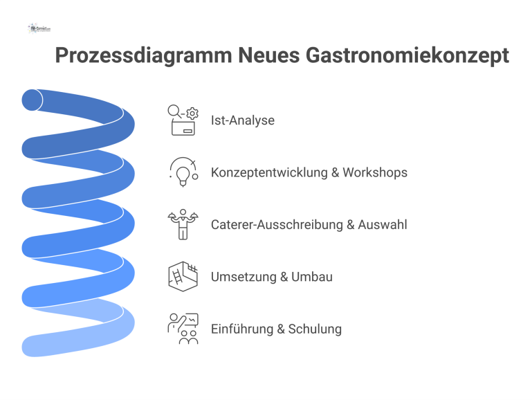 Prozessdiagramm Neues Gastronomiekonzept Prozessdiagramm für das Projekt „Neues Gastronomiekonzept“ mit den fünf Phasen von der Ist-Analyse bis zur Einführung und Schulung.