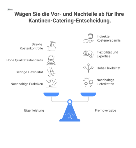  Vergleichsdiagramm, das Eigenleistung und Fremdvergabe für Kantinen-Catering anhand der Kriterien Kosten, Qualität, Flexibilität und Nachhaltigkeit gegenüberstellt. TI