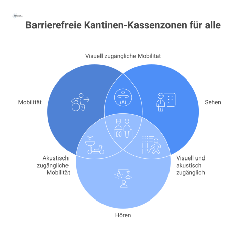 Infografik einer Kassenzone mit barrierefreien Lösungen für Mobilität, Sehen, Hören und Kognition, wie abgesenkte Tresen und Piktogramme. 