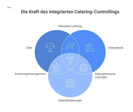 Ein Diagramm zum Catering-Controlling, das die drei Hauptbereiche Ziele, Instrumente und Herausforderungen mit den zugehörigen Unterpunkten wie Qualität und KPIs visualisiert. 