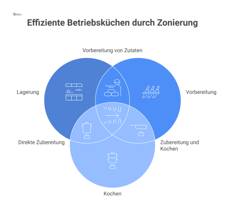 Diagramm einer idealen Betriebsküche mit drei Zonen – Lagerung, Vorbereitung, Kochen – und Pfeilen, die sichere, kreuzungsfreie Personal-Laufwege visualisieren. 