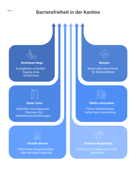 Isometrische Infografik eines barrierefreien Kantinenzugangs mit Rollstuhlrampe, taktilem Leitsystem für Sehbehinderte und breiter Automatiktür. 