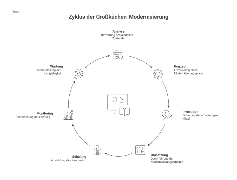 Ein kreisförmiges Flussdiagramm zeigt die 7 Phasen der Großküchen-Modernisierung: Analyse, Konzept, Investition, Umsetzung, Schulung, Monitoring und Wartung.