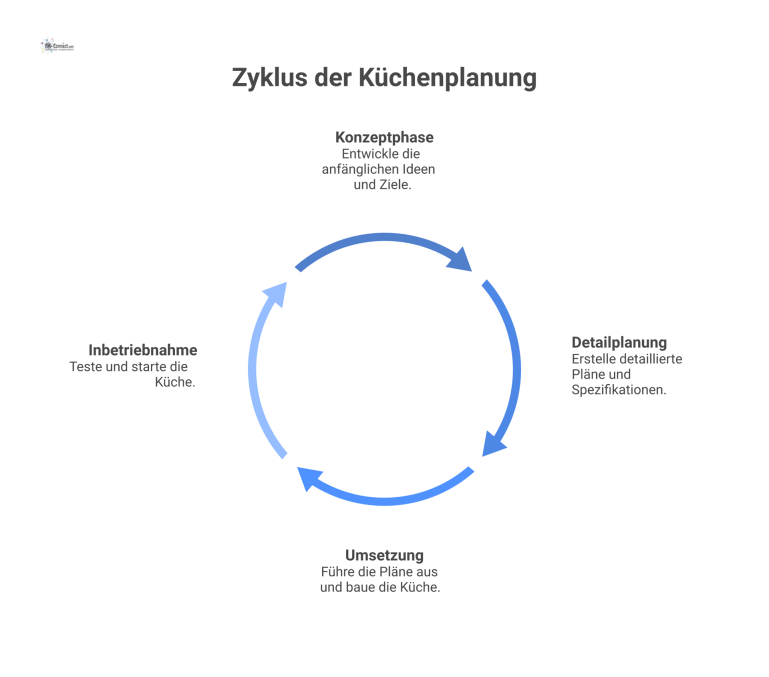 Flussdiagramm zum Küchenplanungsprozess Flussdiagramm des Küchenplanungsprozesses, das vier sequentielle Phasen von der Konzeptphase bis zur Inbetriebnahme und die Zusammenarbeit der Experten zeigt.